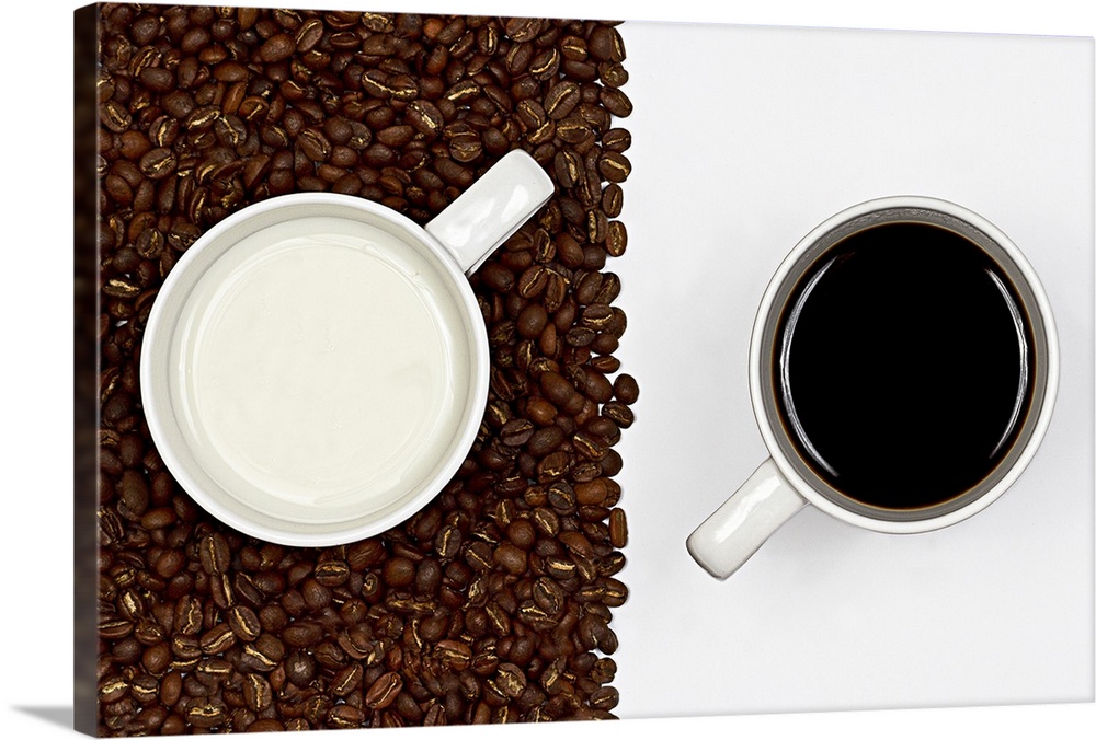 Cup of black coffee on white background and  cup of white milk on  layer of coffee beans.