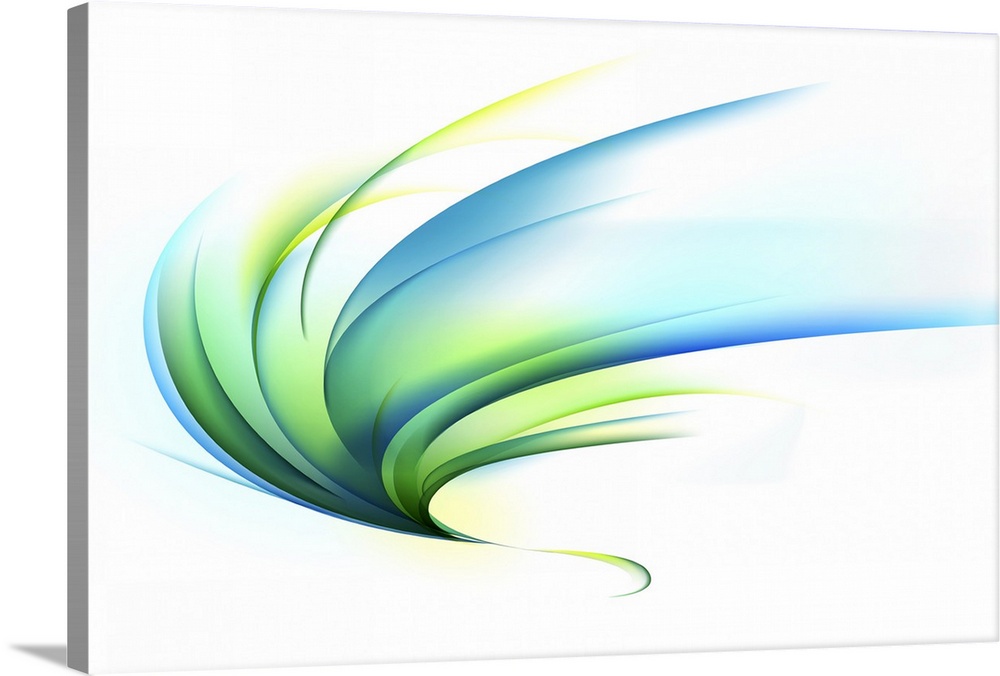 Landscape contemporary artwork on a large, horizontal wall hanging of a digitally illustrated curving swirl of cool and go...