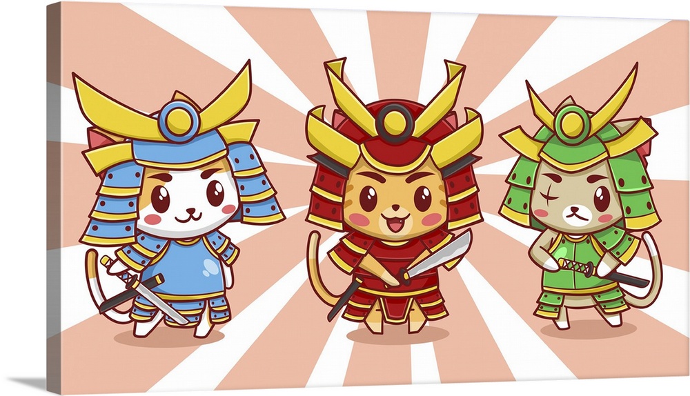 Cute cats, samurai trio. Cartoon illustration.