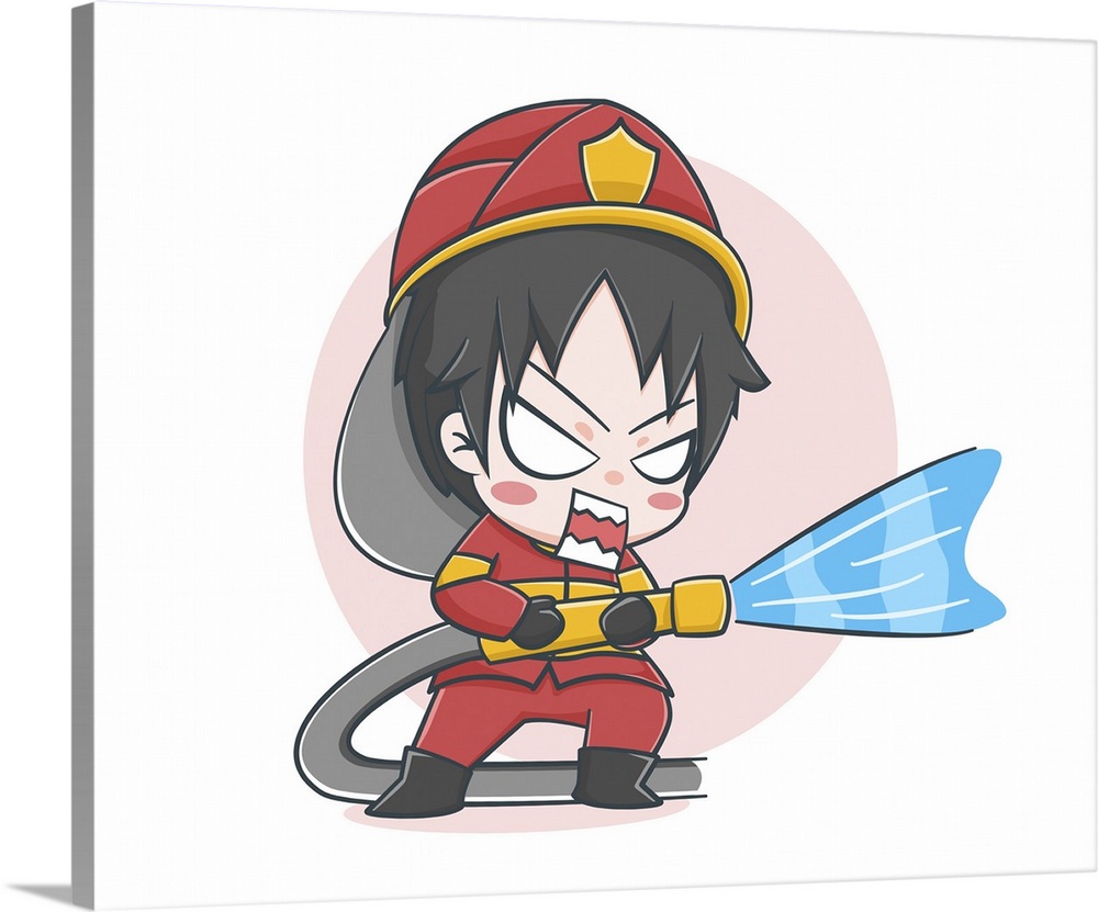 Cute fireman watering the fire. Cartoon illustration.
