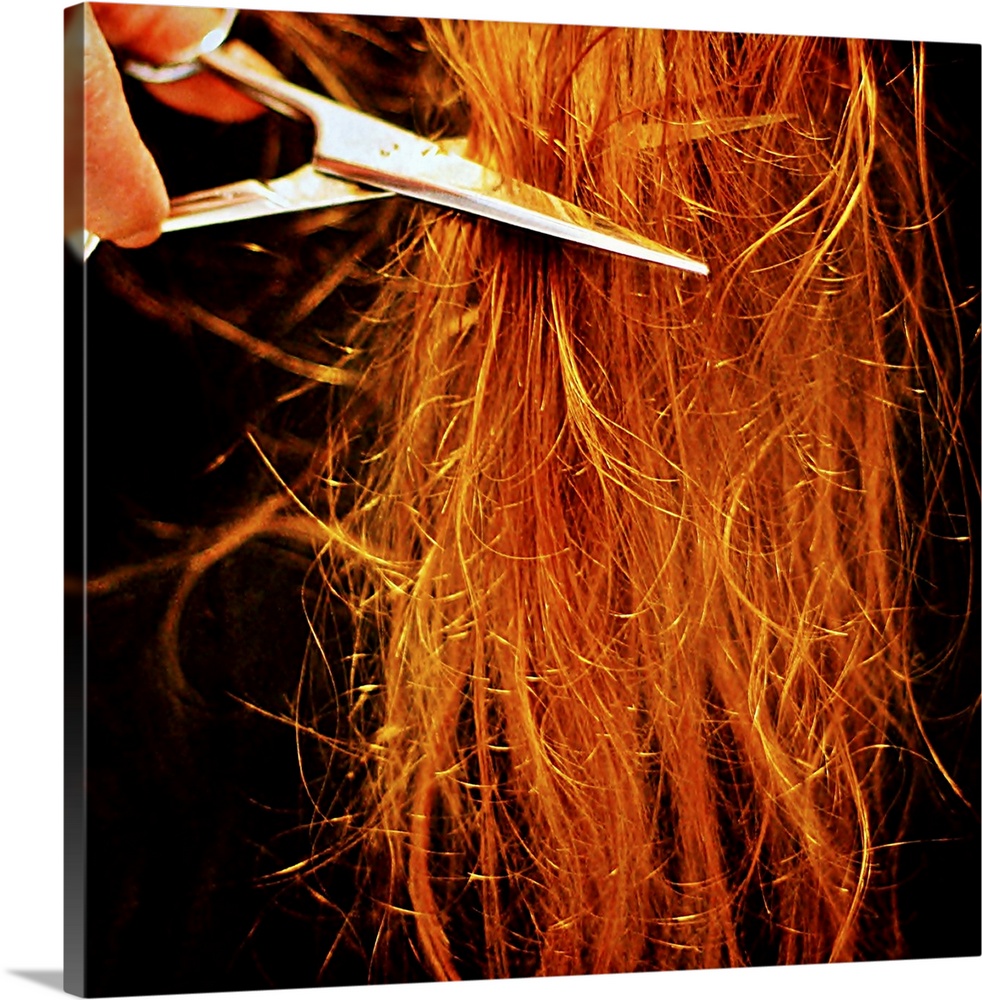 Silver scissors cutting long red messy hair