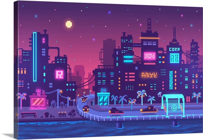 Cyberpunk Neon Metropolis Pixel Art | Great Big Canvas