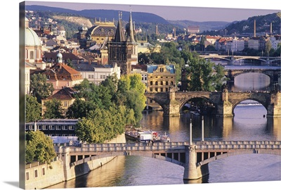 Czech Republic, Prague, Charles Bridge and Cityscape, elevated view