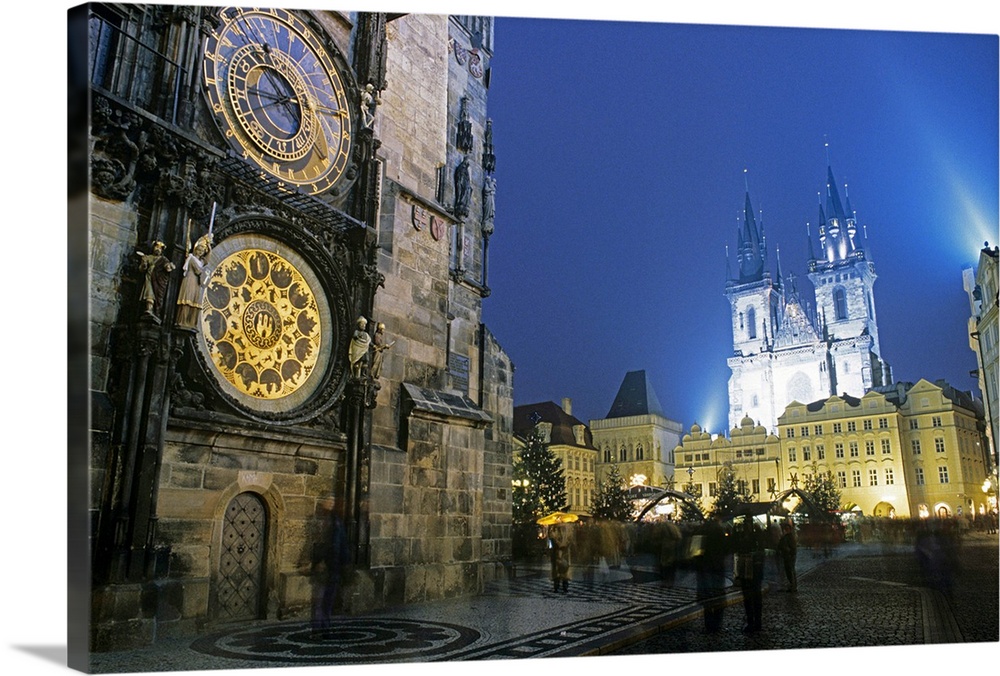 Czech Republic, Prague, Old town square and church of Our Lady and Town Hall Horologe at night