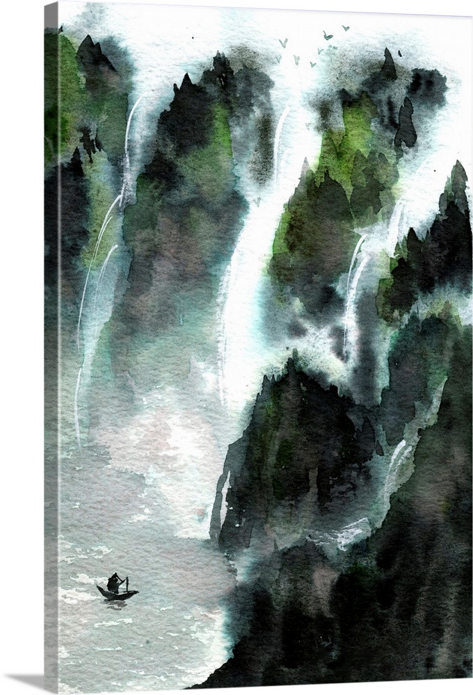 Chinese watercolor drawing of a man in a boat on a lake surrounded by mountains and waterfalls.