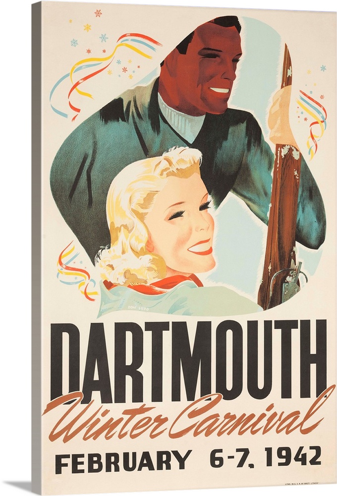 1942 Dartmouth Winter Carnival ski poster showing happy couple, skis in hand.