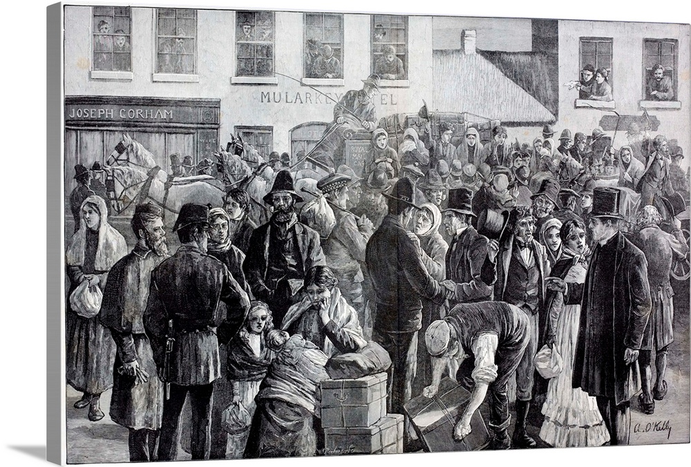 Departure of Irish emigrants for the United States from Clifden, County Galway, Ireland. Engraving by A O'Kelly published ...