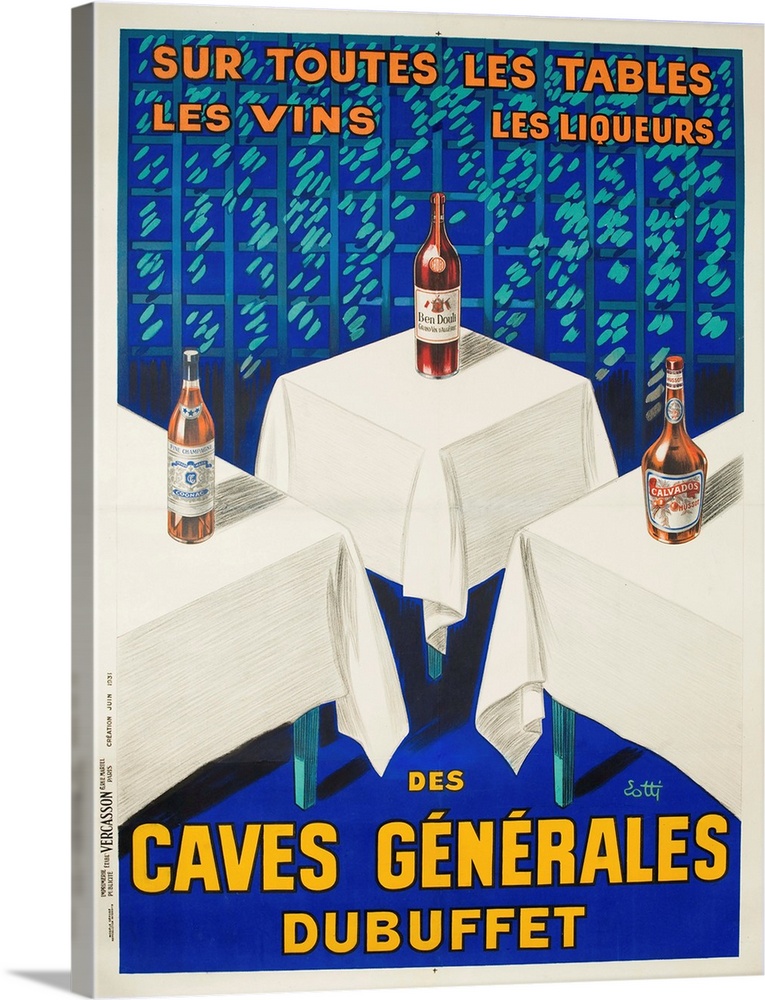 French Advertising poster for wines and spirits, ca 1920s. Illustrated by Lotti