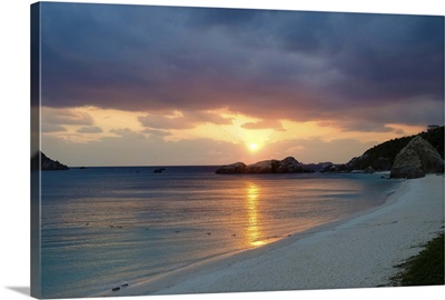 Deserted tropical island beach at sunset, Okinawa