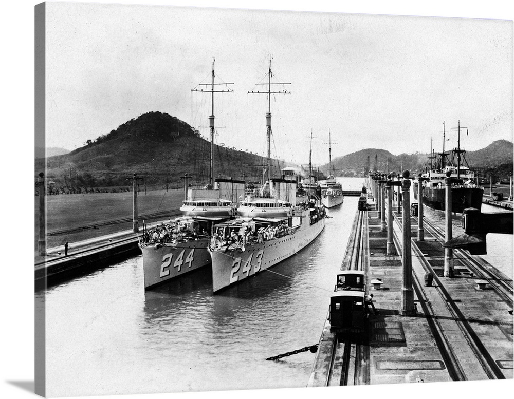 A pair of US, World War I, destroyers on a journey along the Panama Canal.