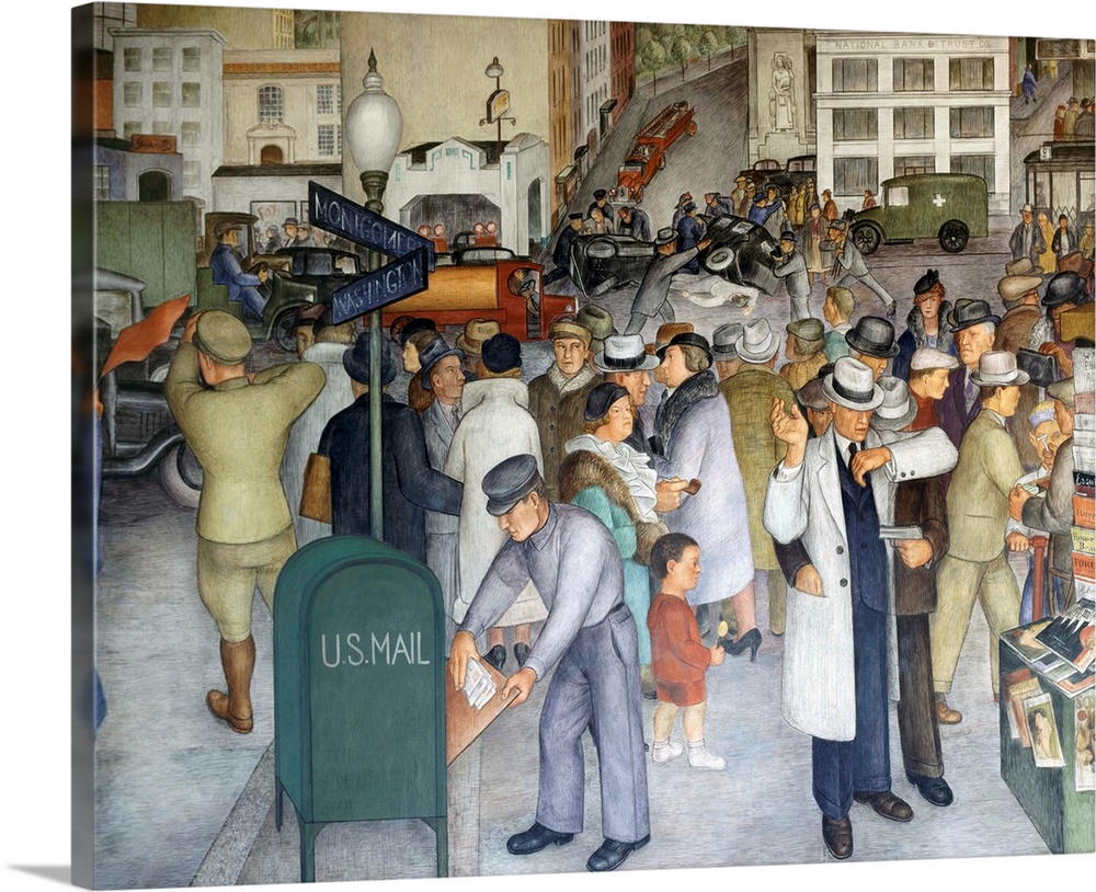 WPA fresco based on theme of Aspects of California Life, showing the corner of Montgomery and Washington Streets in San Fr...