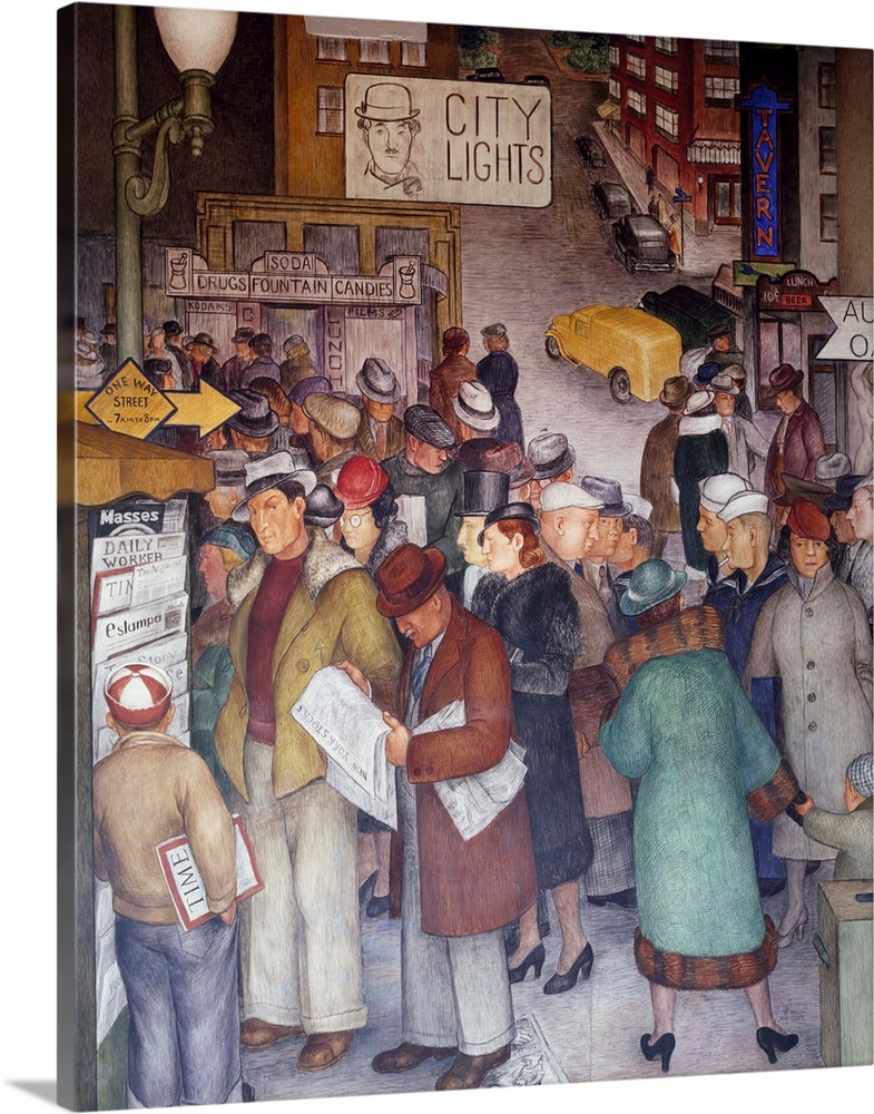 WPA fresco based on theme of Aspects of California Life, showing rich and poor pedestrians at a busy city intersection. Mo...