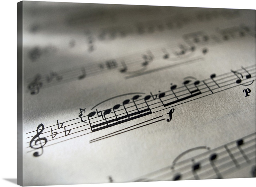 Large canvas photo of the up close view of a music sheet with musical notes.