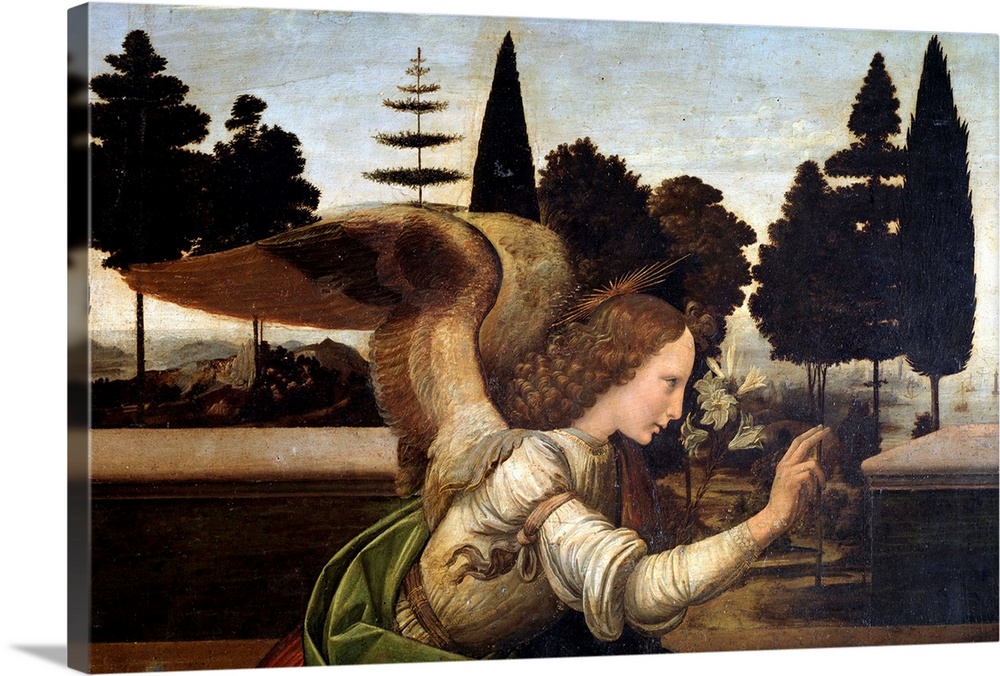 The annunciation - Detail of the Archangel Gabriel - Painting by Leonardo da Vinci (1452-1519), oil on wood, 1472-1475 (98...