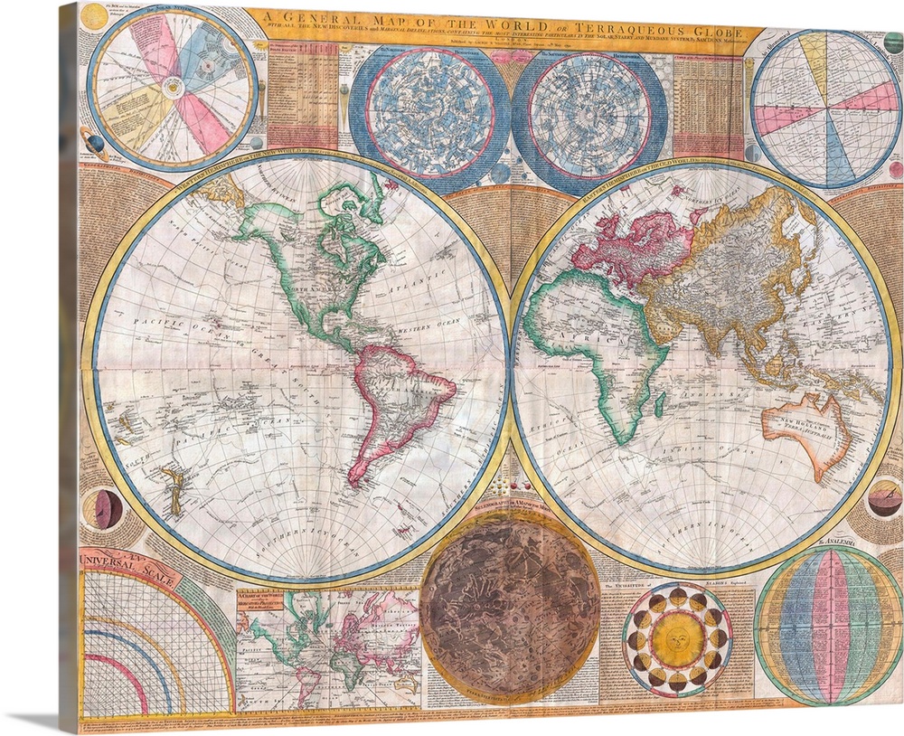 1794. Entitled A General Map of the World, or Terraqueouis Globe with all the New Discoveries and Marginal Delineations, C...