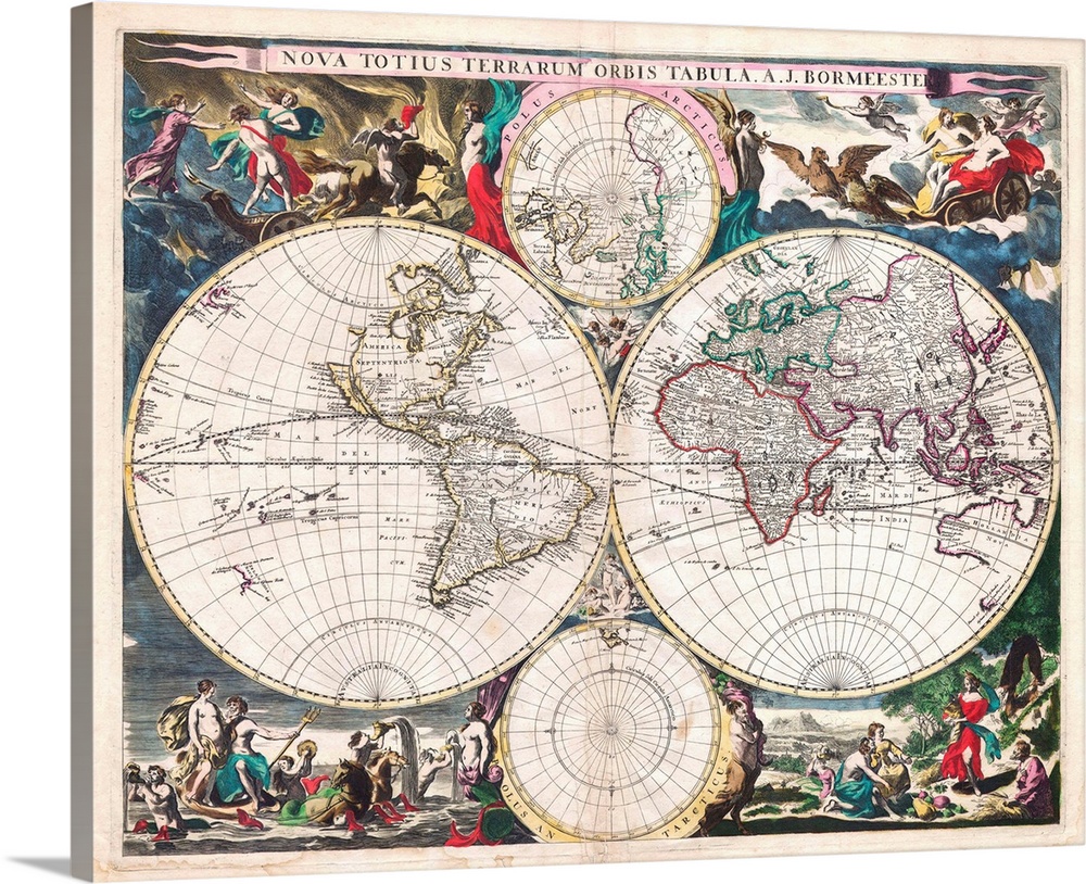 1685 double-hemisphere world map by Joachim Bormeester (Nova Totius Terrarum Orbis Tabula), 22 x 20 in (55.9 x 50.8 cm), h...