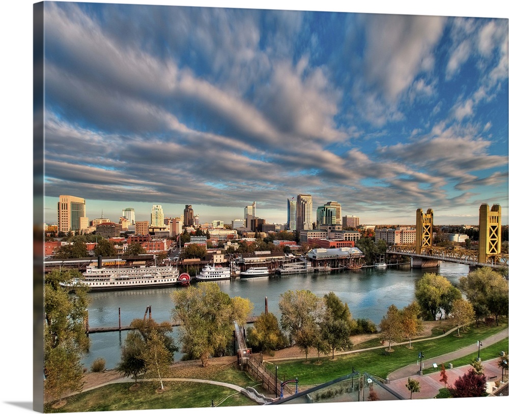 Clouds over cityscape of  Downtown Sacramento at sunset.