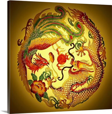 Dragon and phoenix stencil on yellow background