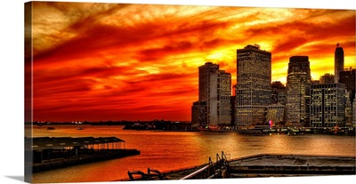 Dramatic sunset over lower Manhattan, NYC