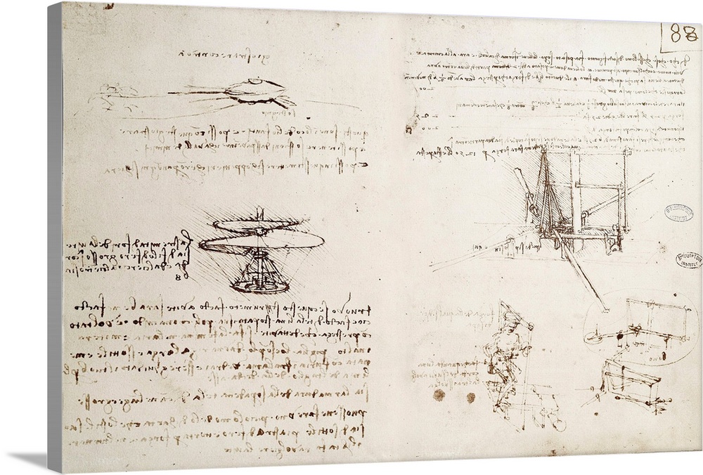 Flying machines, one of first drawings of a helicopter - like flying machine. Manuscript by Leonardo da Vinci (1452-1519),...