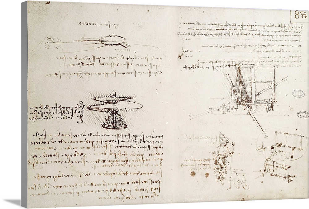 Flying machines, one of first drawings of a helicopter - like flying machine. Manuscript by Leonardo da Vinci (1452-1519),...