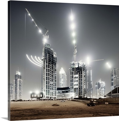 Dubai building yard at night, United Arab Emirates