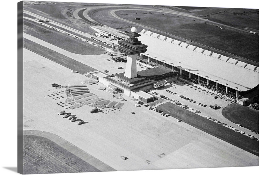 This is an aerial view of the tower and main building at the Dulles International Airport which will be dedicated by Presi...