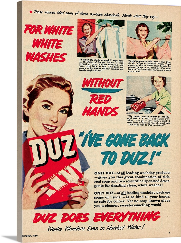 11/1950-Advertisement for laundry detergent, DUZ. October 1950 Illustration.