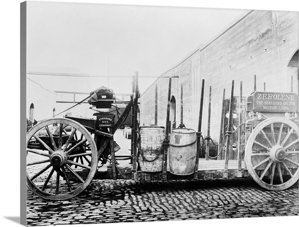 One of the earliest horsedrawn trucks used to supply gas stations with gasoline. This kind of vehicle was used by the Stan...