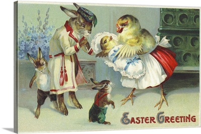 Easter Greeting Postcard Depicting A Rabbit And Chick Family