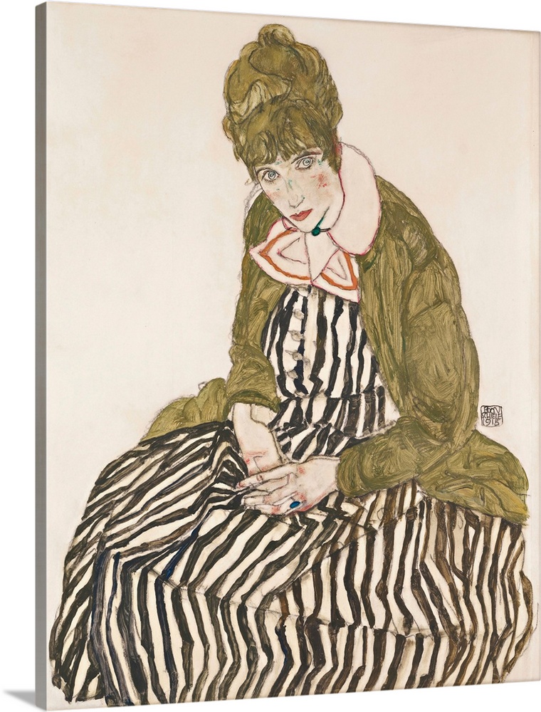 Egon Schiele, Edith with Striped Dress, Sitting, 1915, watercolor, gouache, and crayon on paper, 50.8 x 40.2 cm (20 x 15.8...