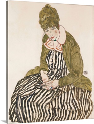 Edith With Striped Dress, Sitting By Egon Schiele