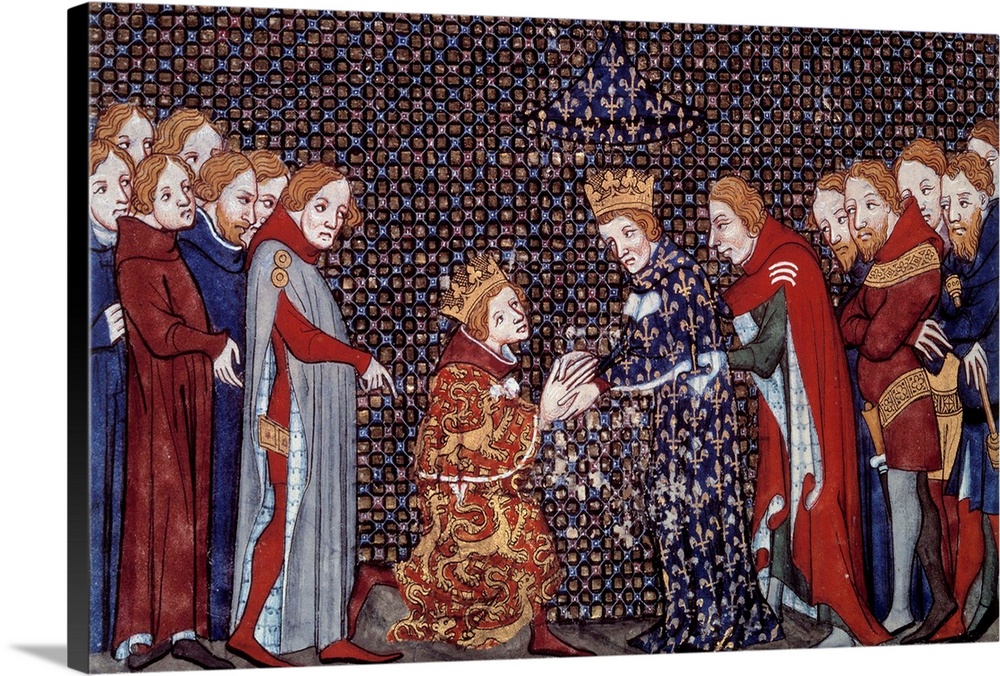 Edward III (1312-1377), king of England, paying homage to Philip VI of Valois (1294-1350), king of France, 1330. Miniature...