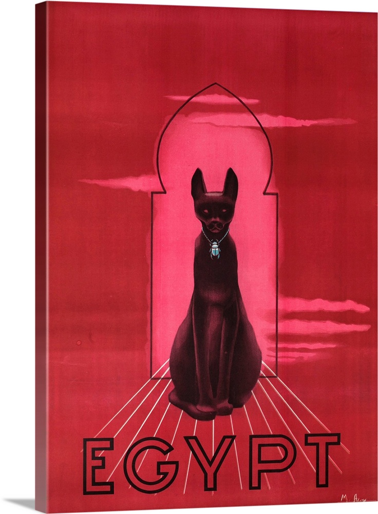 ca 1950s Egypt Travel Board Advertising Poster, Illustrated by M Azmy. Showing an black Egyptian cat in an arch wearing a ...