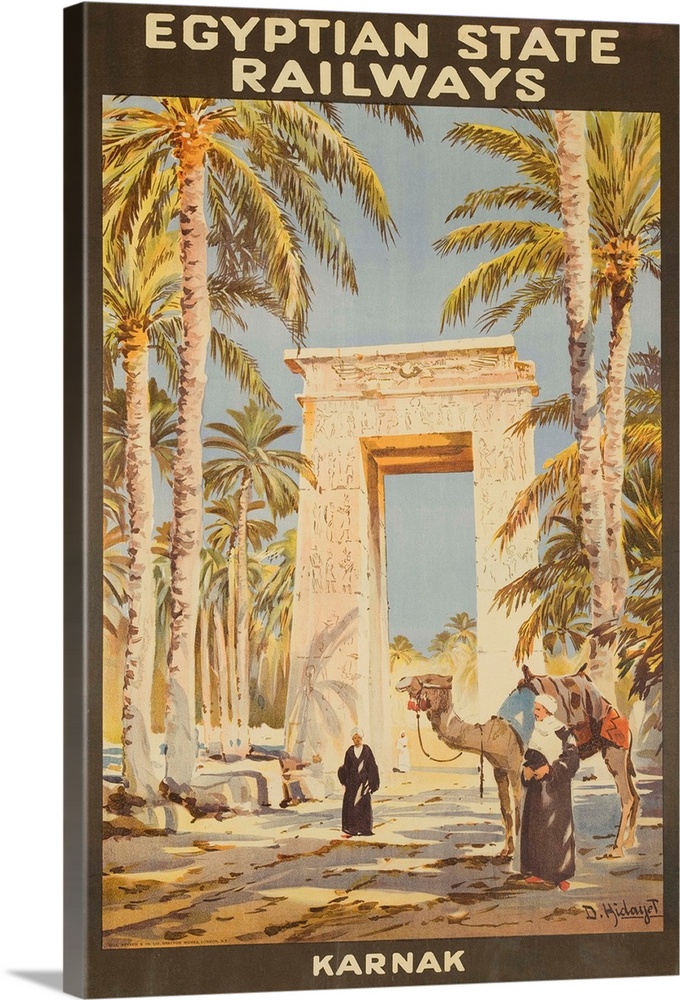 1920s travel poster showing a camel and driver in fronty ancient Temple ruins in Karnak.