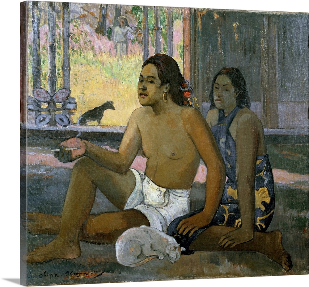 Eiaha Ohipa (Not working). A Tahitian couple in a room, with a white cat asleep. Painting by Paul Gauguin (1848-1903), 189...
