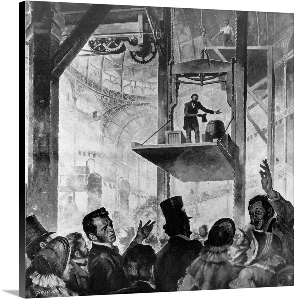 Elisha Graves Otis shows his first elevator in the Crystal Palace, New York City, 1853.