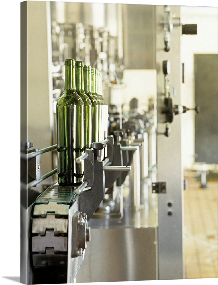 Empty wine bottles on production line