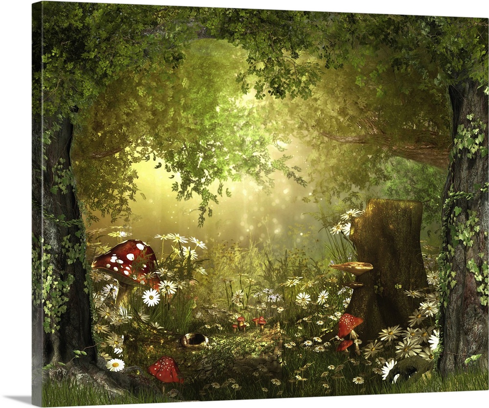 Three dimensional rendering of a beautiful enchanting fairy tale-like lush woodland.