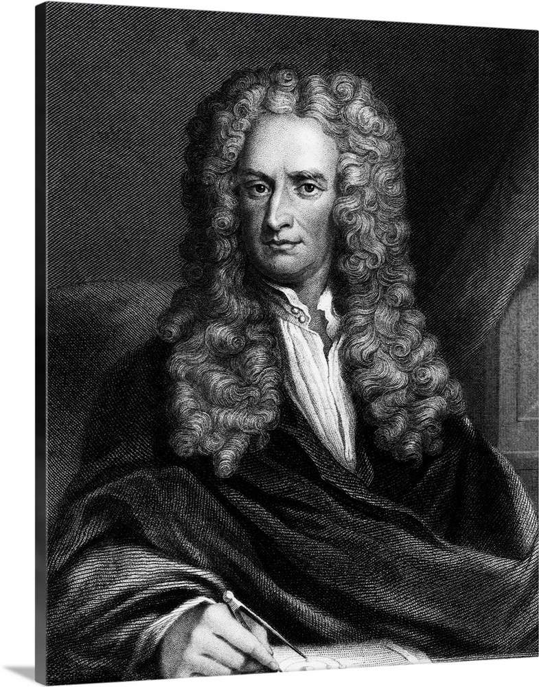 Isaac Newton seated at table. Undated engraving.