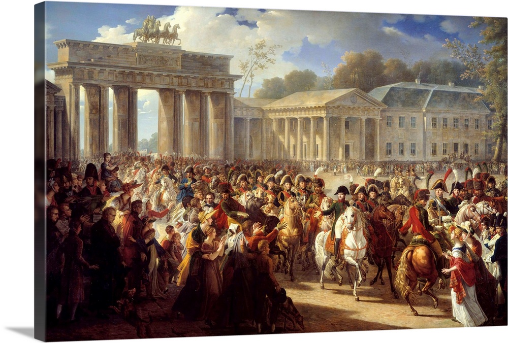 Entry of Napoleon I (1769-1821) into Berlin leading his gard through the Brandenburg Gate, 27 October 1806. Painting by Ch...