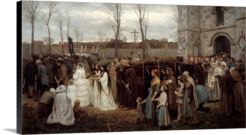 Erecting a Calvary. Procession in front of a Breton church. Painting by Jules Breton (1827-1906,) 1858. 1,35 x 2,5 m . Bea...