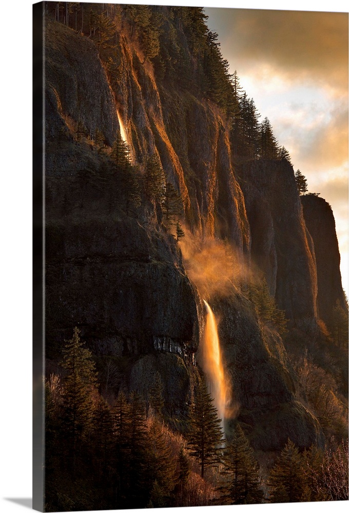 Mist Falls in last light of day in Columbia River Gorge National Scenic Area, Oregon