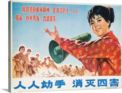 Everyone Together To Kill The 4 Evils, Original Chinese Cultural Revolution Poster