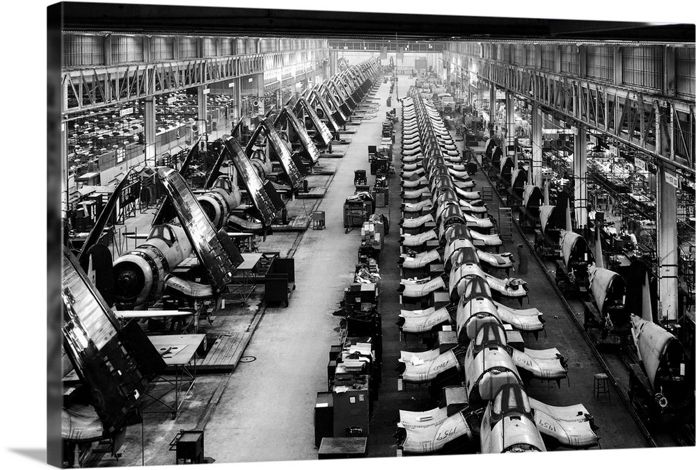 Airplane factory in Stratford, Connecticut, World War II, which produced over 6,000 Corsairs- fighter planes with fold-up ...