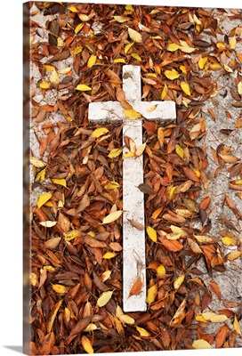 Fallen leaves and a white cross on a gravestone
