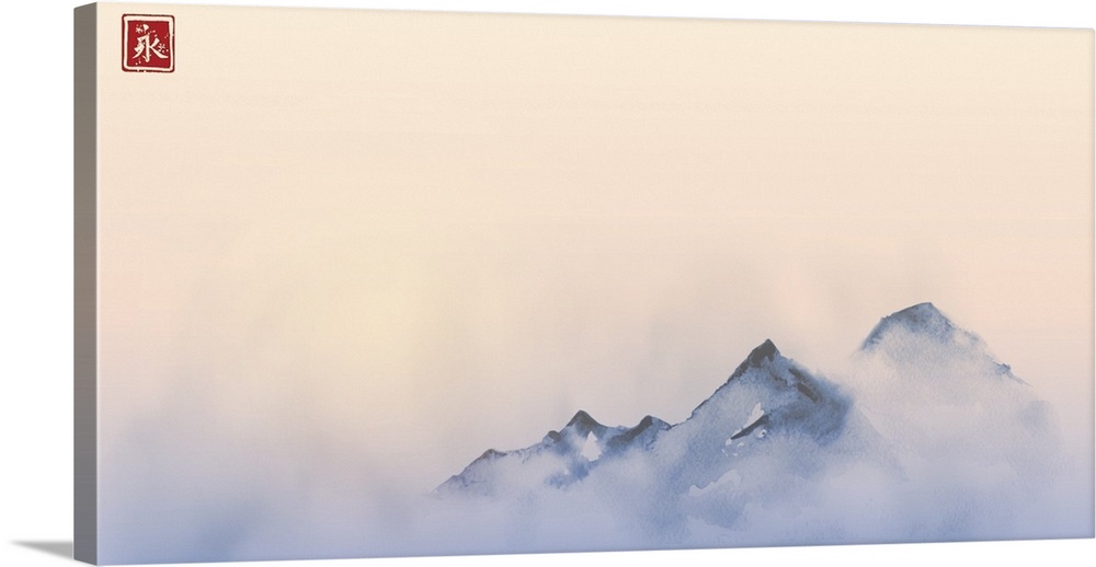 Far mountains over the dense fog and sunrise. Traditional ink painting sumi-e, u-sin, go-hua.