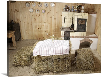 Farmhouse kitchen with haybales for table