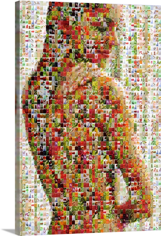 Vertical, oversized art of a female figure that is made up of very small pictures of healthy food.
