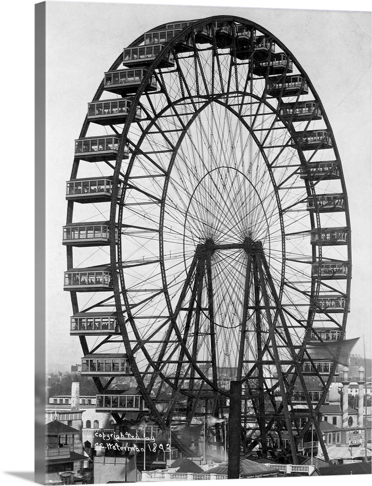 The ferris wheel turns on the World's Columbian Exposition fairgrounds in 1893. Chicago, Illinois, USA.